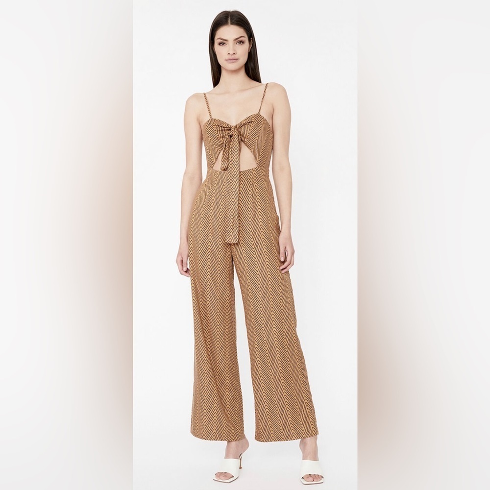 NEW BARDOT- Jumpsuit with cutout and halter tie option abstract print